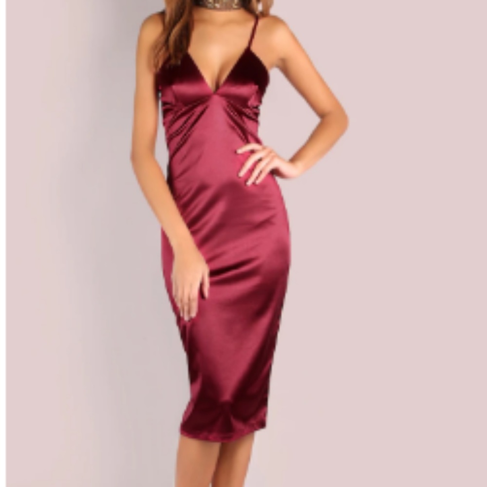 Deep V-Neckline Satin Dress WINE